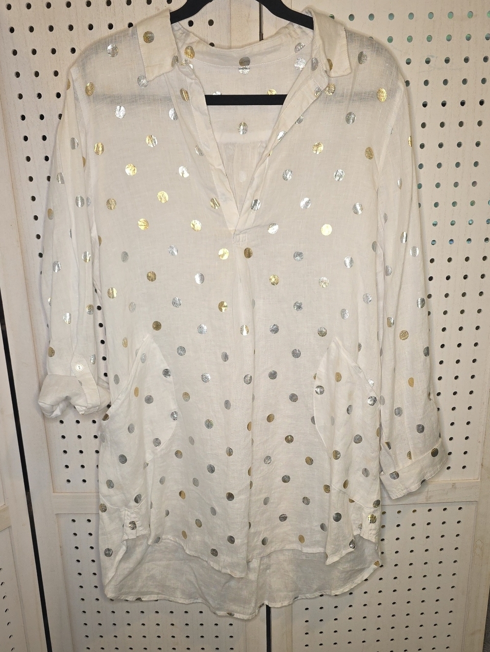 White 100% Linen Tunic Top with Gold & Silver Polka Dots XL Pockets